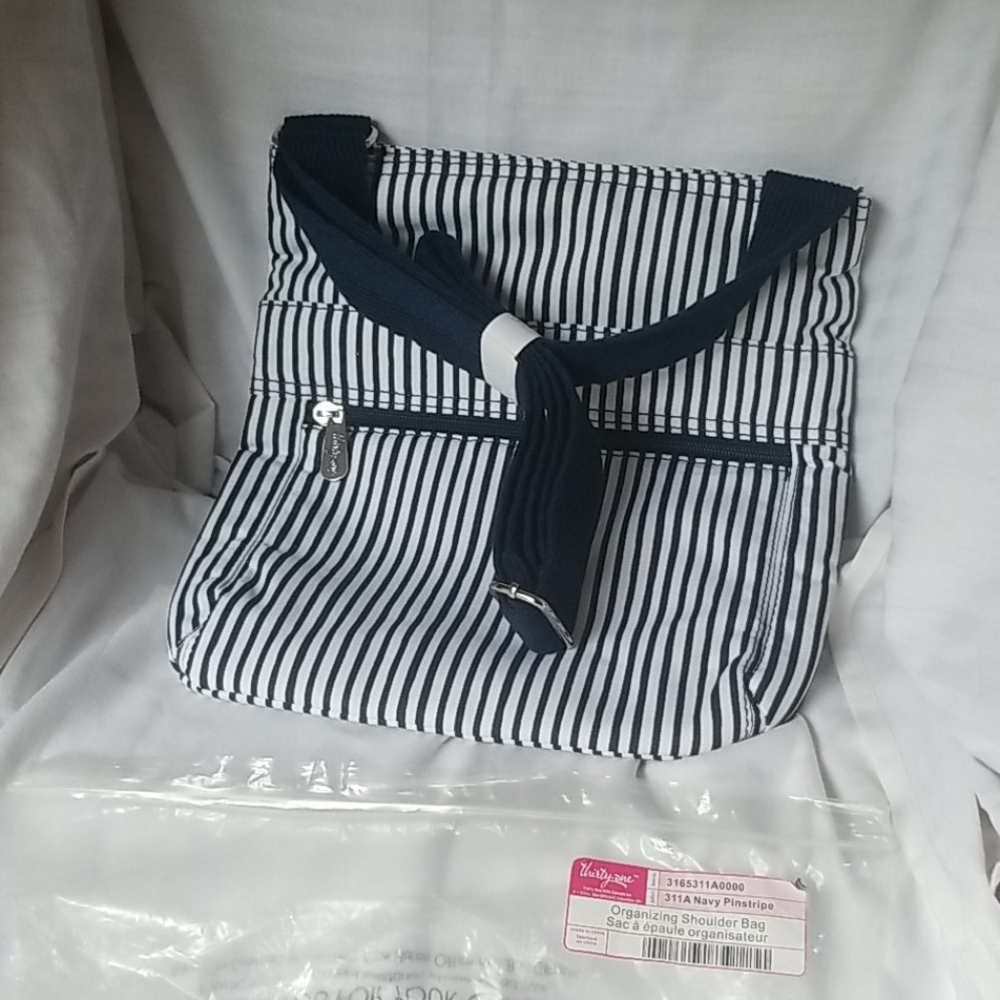 Thirty-One Organizing Shoulder Bag Navy Pinstripe